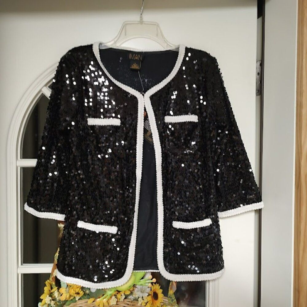 New Iman Black White Trim Sequin 3/4 Sleeve Jacket Size Women's M